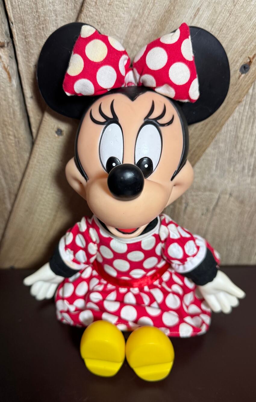 Vintage Disney Minnie Mouse Plush Doll w/ Rubber Head 14" Polka Dot Dress